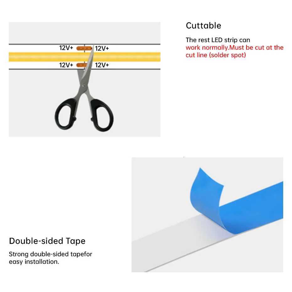 DC12V Ultra-Thin 8mm COB LED Strip 320LEDs/m 05m-5m Dimmable with 3-Key Control for Under Cabinet Showcase Lighting Install M251129