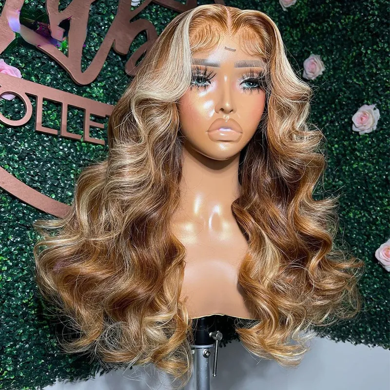 Highlight Brown Blonde Body Wave Human Hair Wigs 13x4 Lace Frontal Wig Pre Plucked Synthetic Lace Front Wig for Women