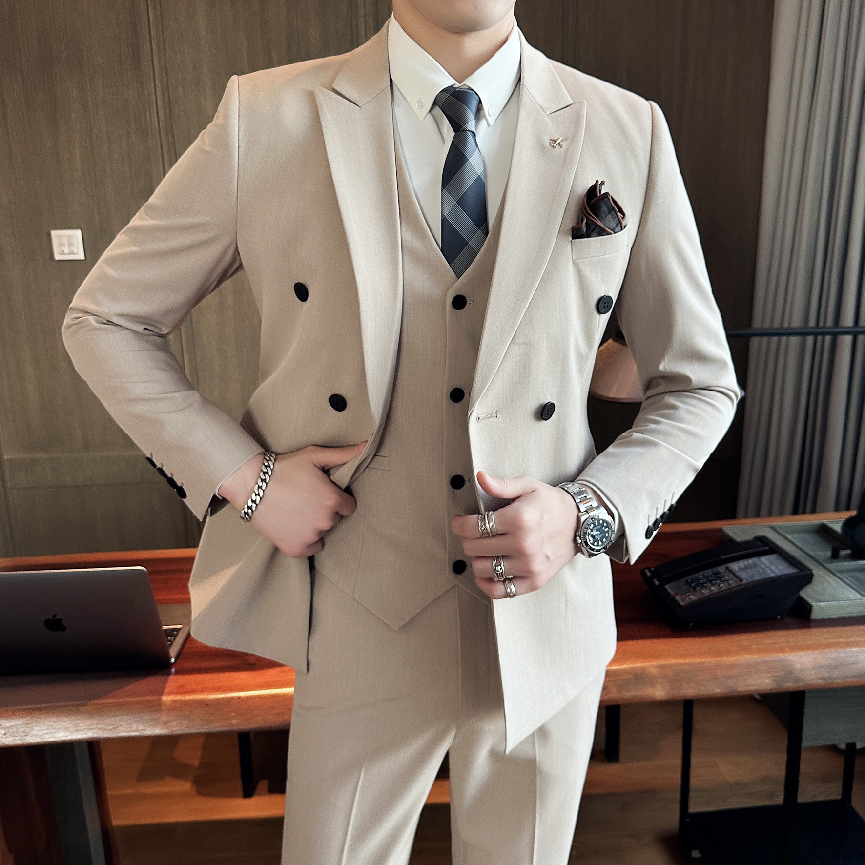 H687 Suit Slim Fit Business Casual Large Size Double Breasted Suit Men