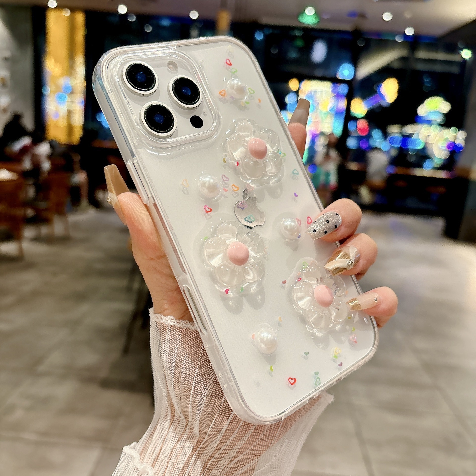 Pearl Candy Flower Phone Case Suitable for iPhone 16/15 Pro Max Transparent Resin Protective Case iPhone 14/13