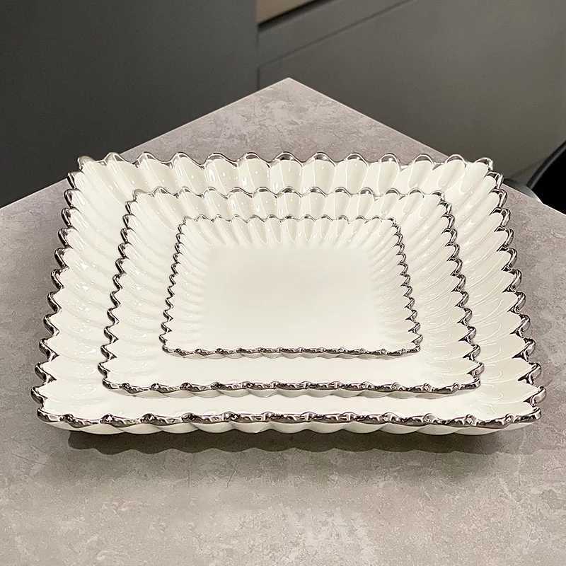 Luxury Light Luxury High-end Ceramic Dish 6/8/10in Plating Silver Flower Edge Round Restaurant Plate Square Afternoon Tea Dessert Plate Y251129