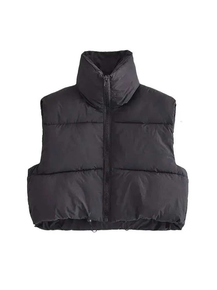 Women Fashion Adjustable Hem Zip-up Crop Padded Waistcoat Vintage High Neck Sleeveless Female Outerwear Chic Vest TopsT251129