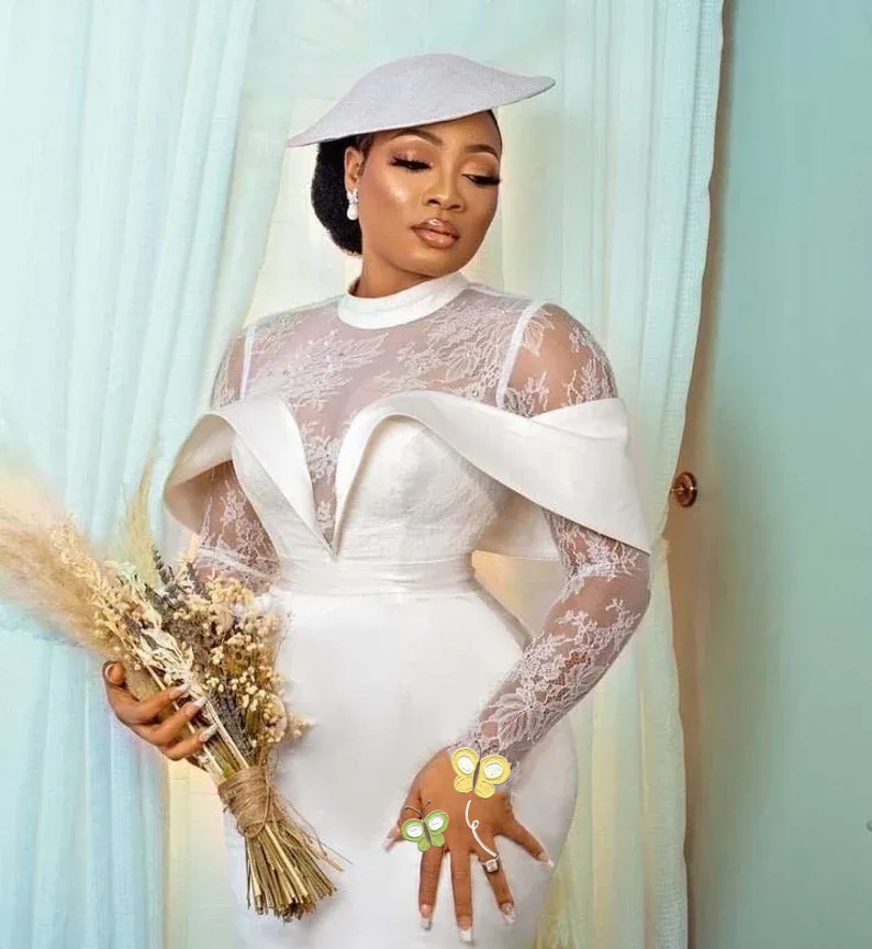 White Short Wedding Dresses Lace Long Sleeves Tea Length Satin Classic Bridal Gowns Women Brides After Wedding Party Gown Robe De Soiree