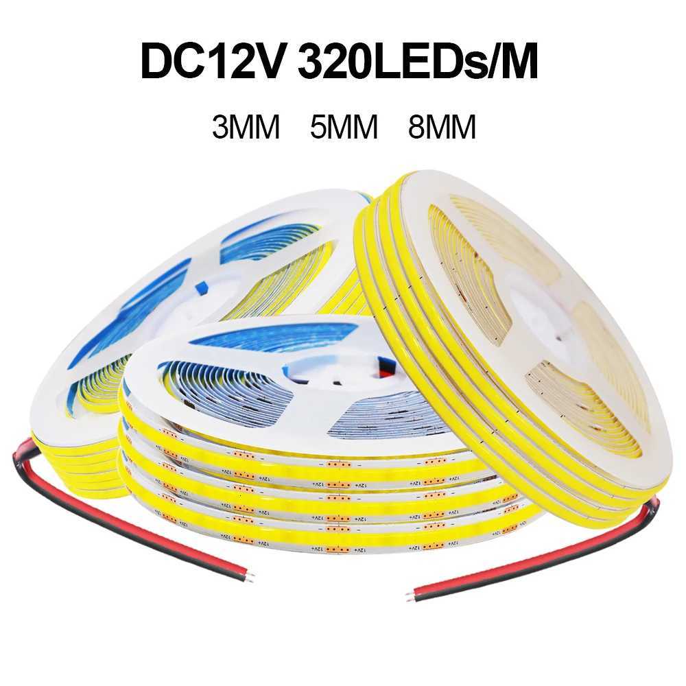 DC5V 12V COB Strip 3MM 5MM 8MM 320LEDs/m FOB LED Light Bar 3000K 4000K 6000K Flexible Ribbon Rope Cob LED Strip Linear Lighting M251129