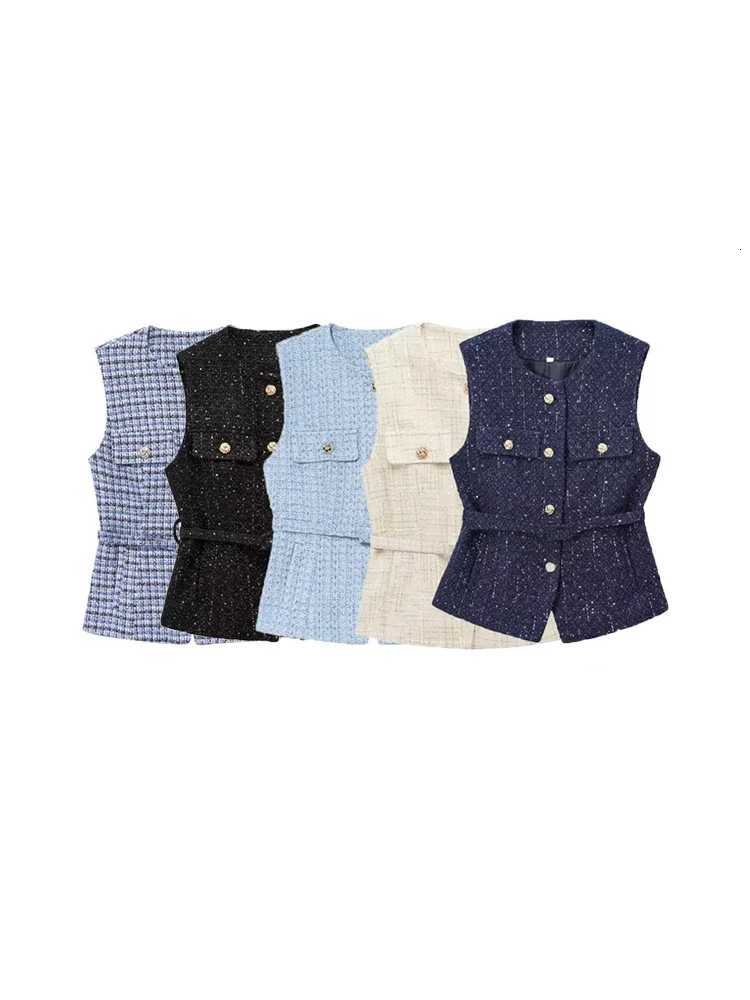 Womens Tweed Waistcoat with Belt O Neck Sleeveless Front Button Female Outerwear Chic Tops FashionT251129