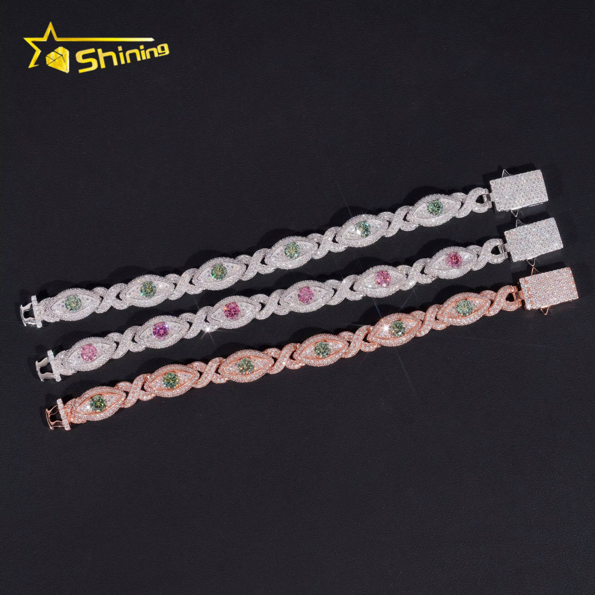 Hot Sale Colorful Moissanite Eye Design Mens Bracelet 925 Sterling Silver Gold Plated Cuban Link Chain Iced Out Bracelet