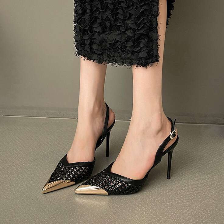 Fashion Hollow Woven Designer Shoe Heel Sandals for Women Pointed Toe One-Strap sling back Heels
