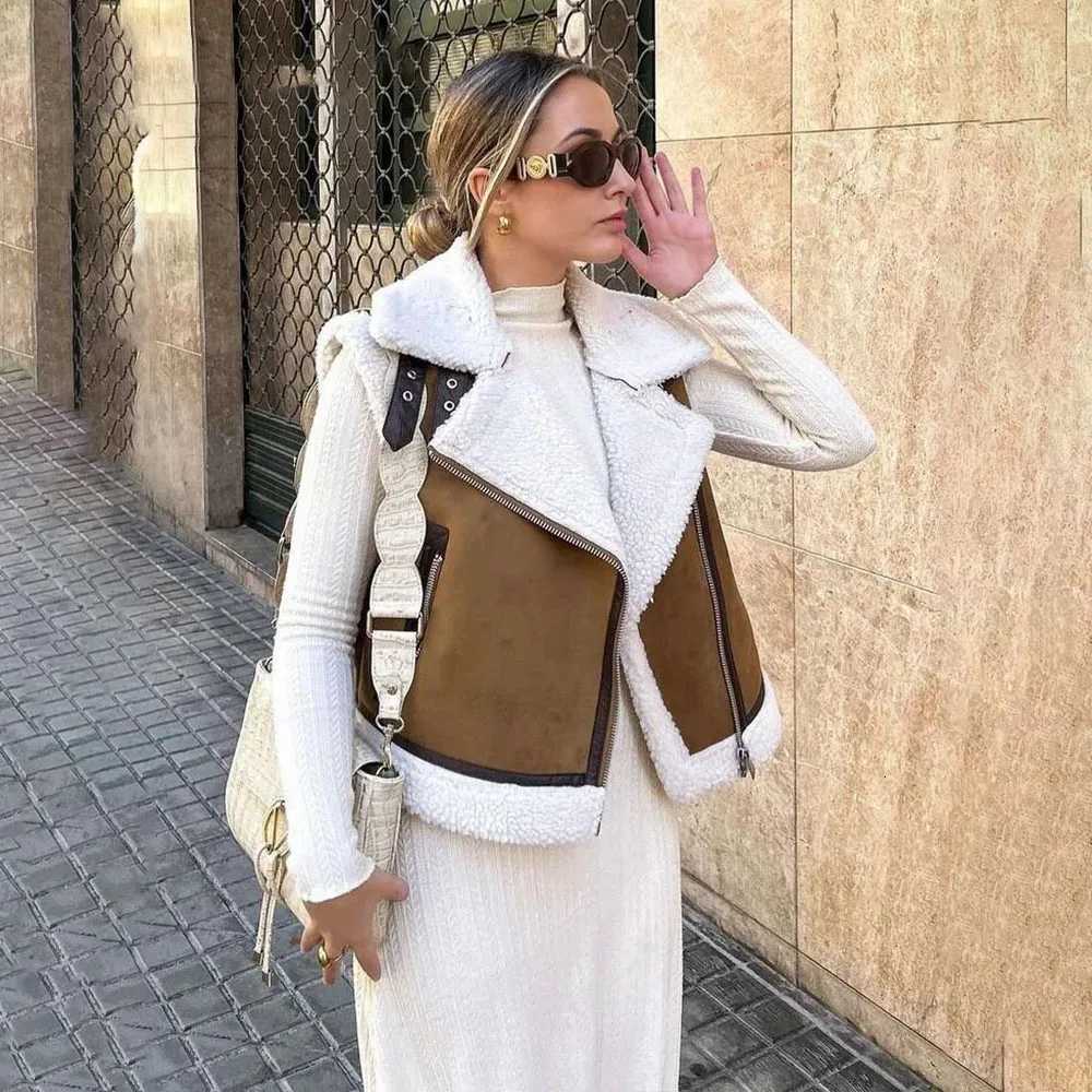 2024 Fashion Elegant Women Thickening Warm Zip Waistcoats Coat Female Faux Leather Lambswool Patchwork Sleeveless Casual VestT251129