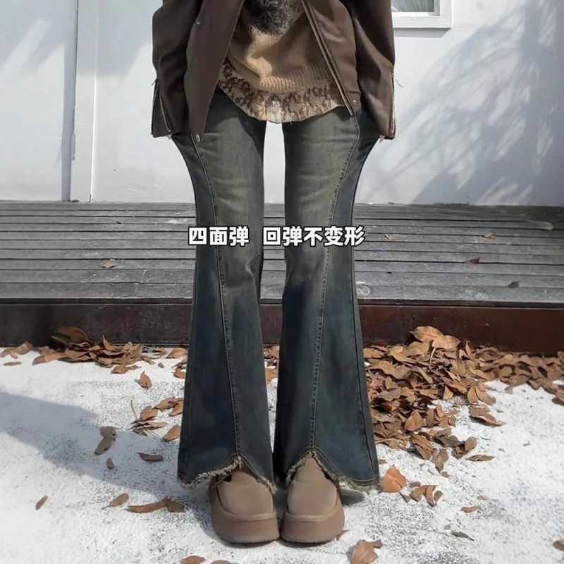 Cement Gray Frayed Hem Flared Micro Flare Jeans for 25 Plus Size High Waist Slimming Hip Covering Elastic Pants in Autumn Winter M260310