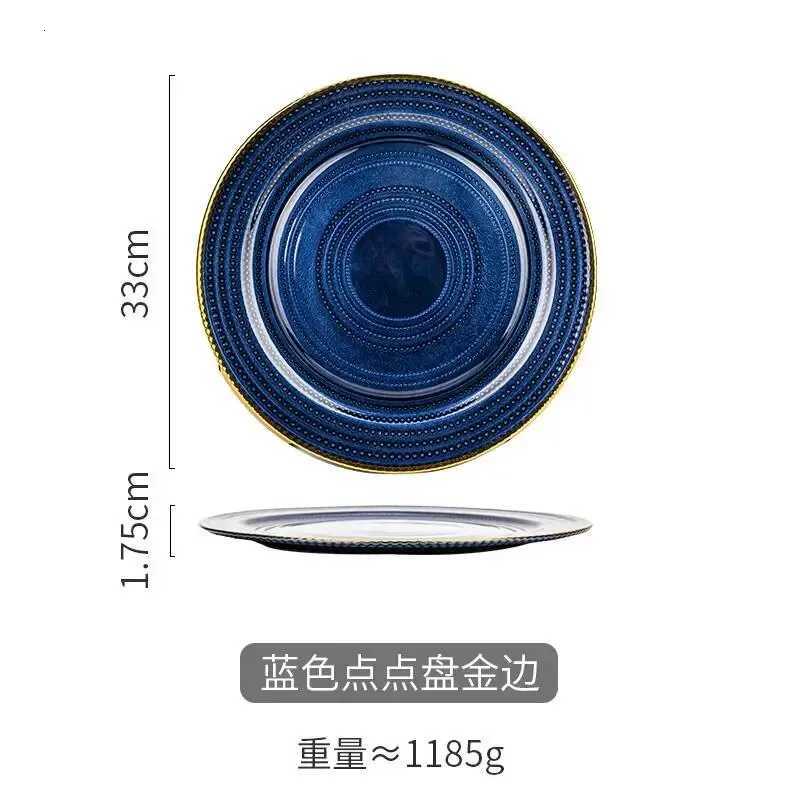 Luxury 13 Inch Plate Nordic Light Luxury Golden Blue Steak Household Round Restaurant Serving Kitchen Tableware Y251129