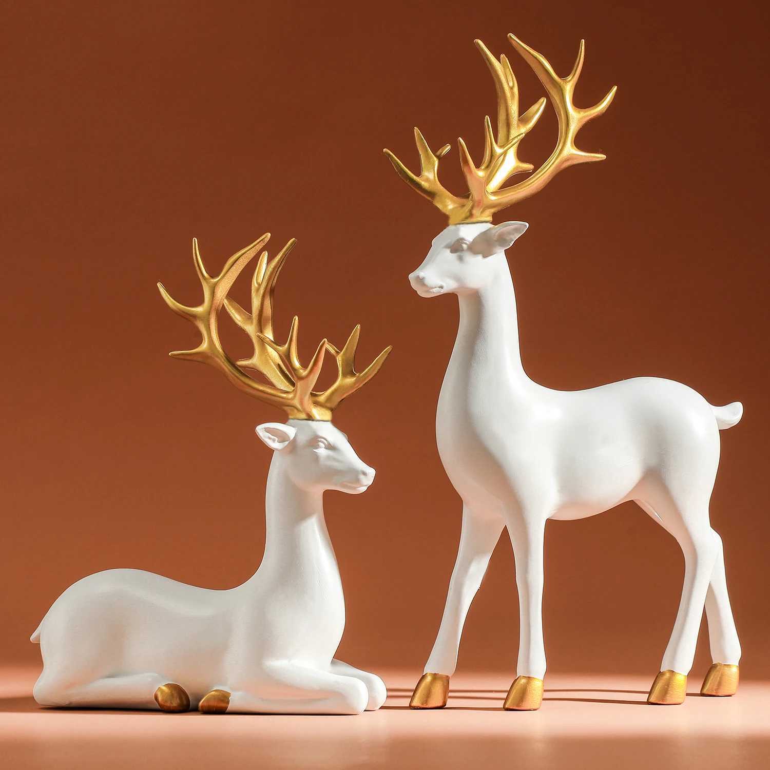 Reindeer Figurines White Deer Statue Elk Scpture Solid Synthetic Resin Living Ro He Christmas Decoration Tabletop Ornament H251129