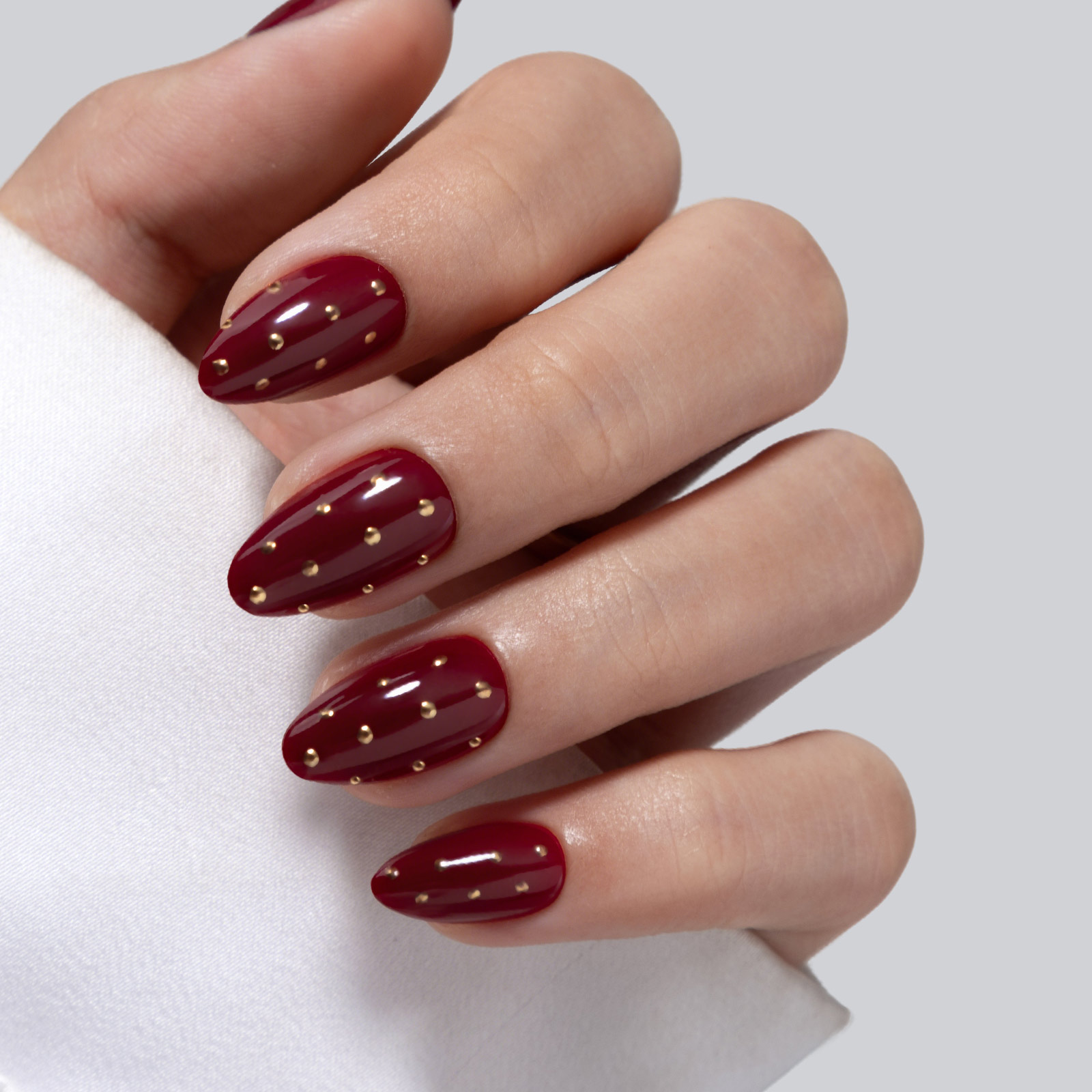 Burgundy with Gold Dots Short Soft Gel Press-on False Nails - 16 sizes for women, includes 32 reusable false nails