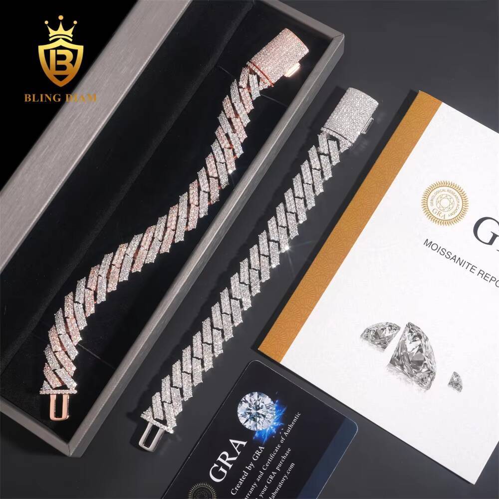 Hot Sale VVS Moissanite Cuban Link Chain Bracelet Men 15mm Pass Diamond Tester Hip Hop 925 Iced Out Jewelry Rose Gold