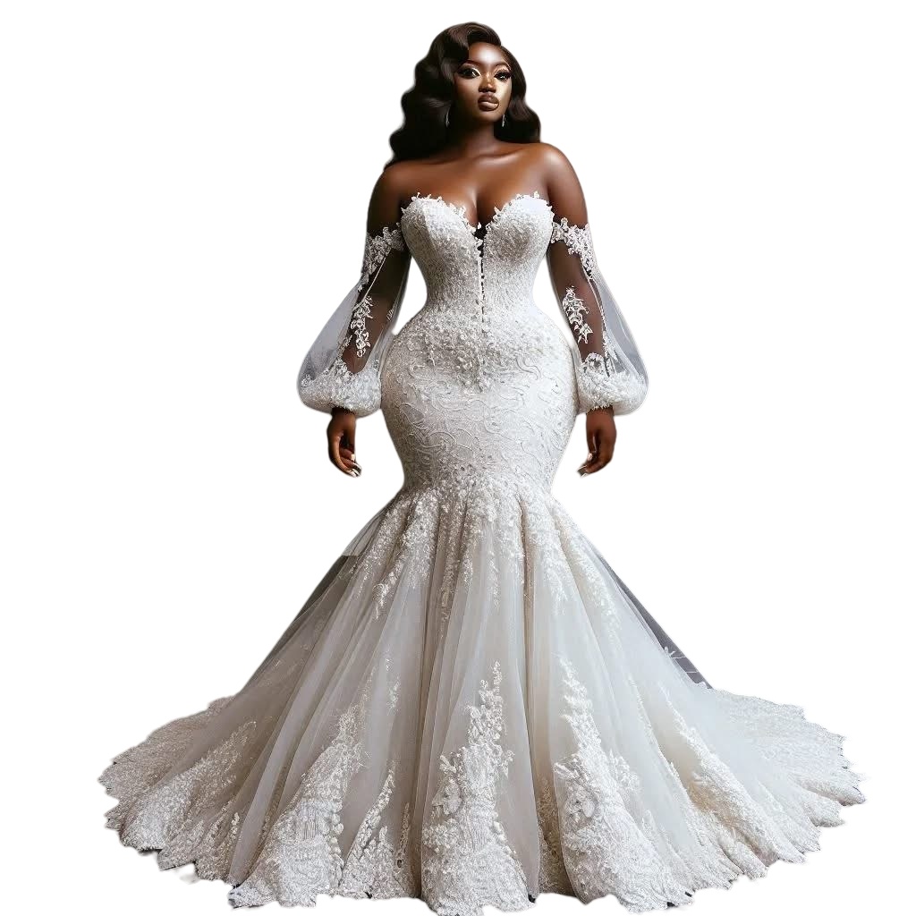 2025 Oversize Aso Ebi Plus Size Ivory Wedding Dress Off Shoulder Lace Full Sleeves Vintage Bridal Gowns Dresses ZJ065