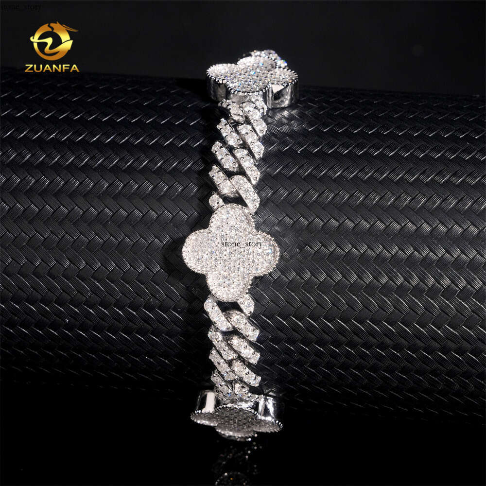 Bulk Stock Hot Sale Rapper Fashion Luxury Jewelry S925 Silver Iced Hip Hop VVS Moissanite Clover Flower Cuban Bracelet