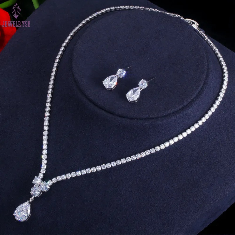 Sparkling Wedding Jewelry Sets Luxury 18K White Gold Fill 5A Cubic Zircon CZ Diamond Gemstones Party Dinner Tennis Necklace Women Dangle Earring Gift