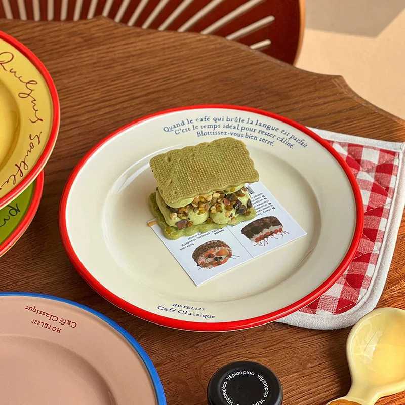 Luxury Korean Letter Printing Ceramic Plate Coffee Shop Dessert Cake Breakfast Plates Household Lunch Western Food Disc Y251129
