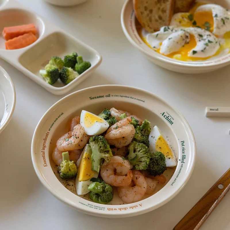 Luxury Ceramic Plate Set Oval Plates Korean Simple Letter Printing Breakfast Fat-reducing Meal Dishes Three-plate Kitchen Tableware Set Y251129