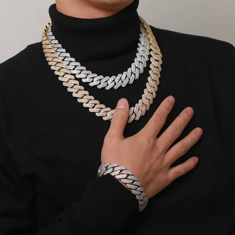 20mm Diamond Shape Thick Hiphop Bling 925 Sterling Silver 3 Rows Moissanite Stones Cuban Chain
