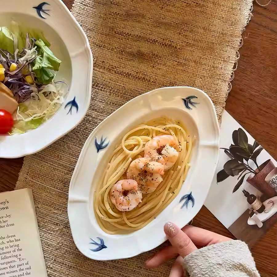 Luxury Swallow Oval Plates High-end Household Ceramic Serving Plate Ins White Breakfast Tray Retro Afternoon Tea Dessert Tableware Y251129