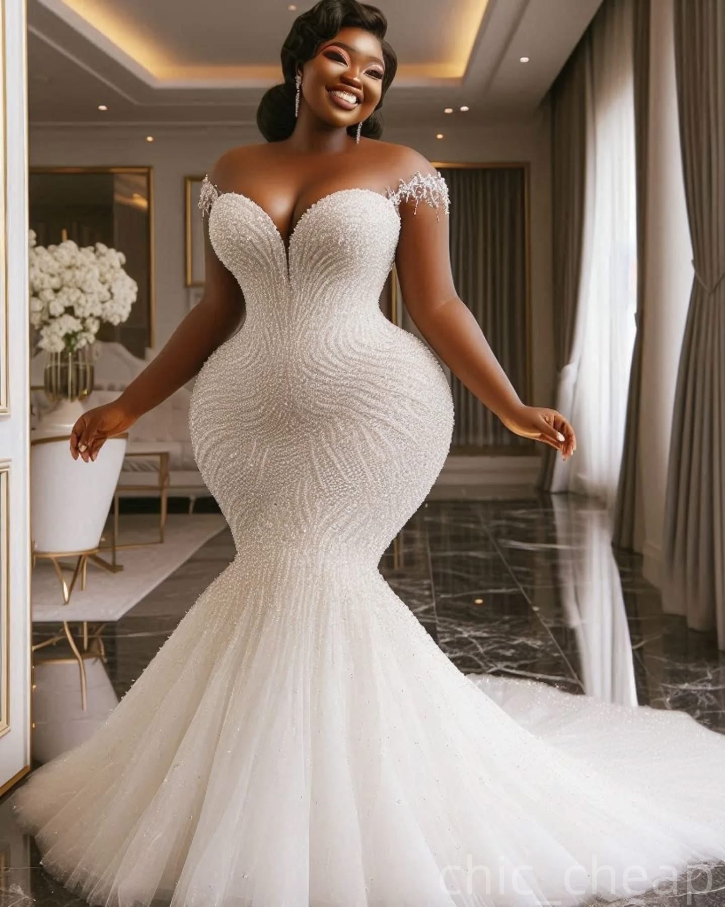 2025 Oversize Aso Ebi Plus Size Ivory Wedding Dress Sweetheart Beaded Sequined Tulle Sparkly Bridal Gowns Dresses ZJ063