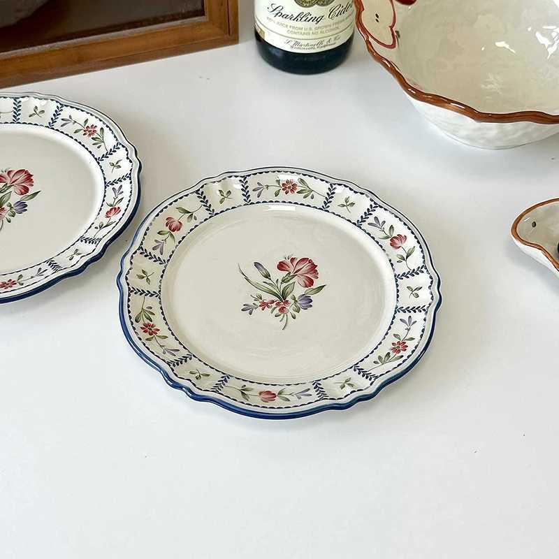 Luxury French Printed Ceramic Plate Vintage Household Serving Plates High-end Western Style Pasta Disc Exquisite Patchwork Tableware Y251129