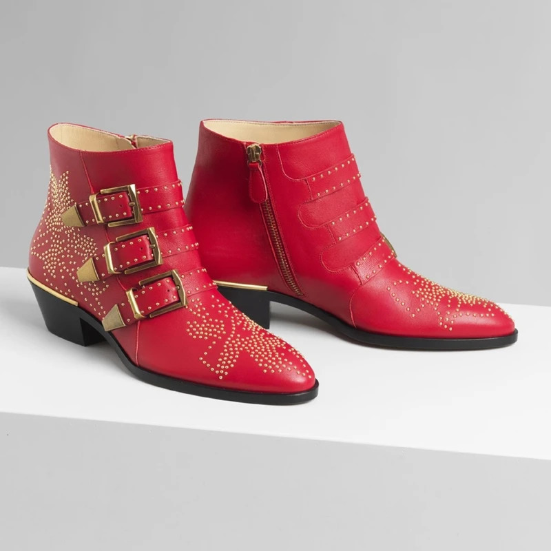 Catwalk Rivet Cow Leather Short Boots Autumn Winter Retro Large35-45 Ankle Boots4cm Thick Heel Rock Night Club Women Shoes 251126