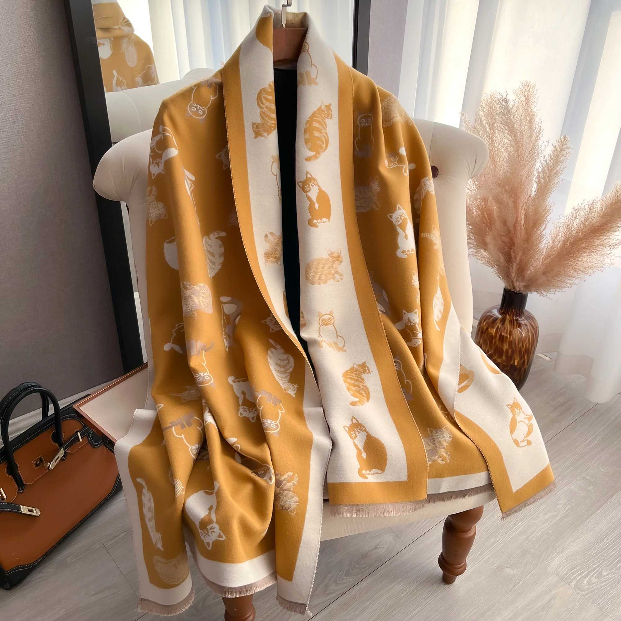 Latest Animal Jacquard Kitty Scarf Imitation Cashmere Soft Warm Fringe Shawl Autumn Winter Coldproof Windproof Blanket ScarfJ251129