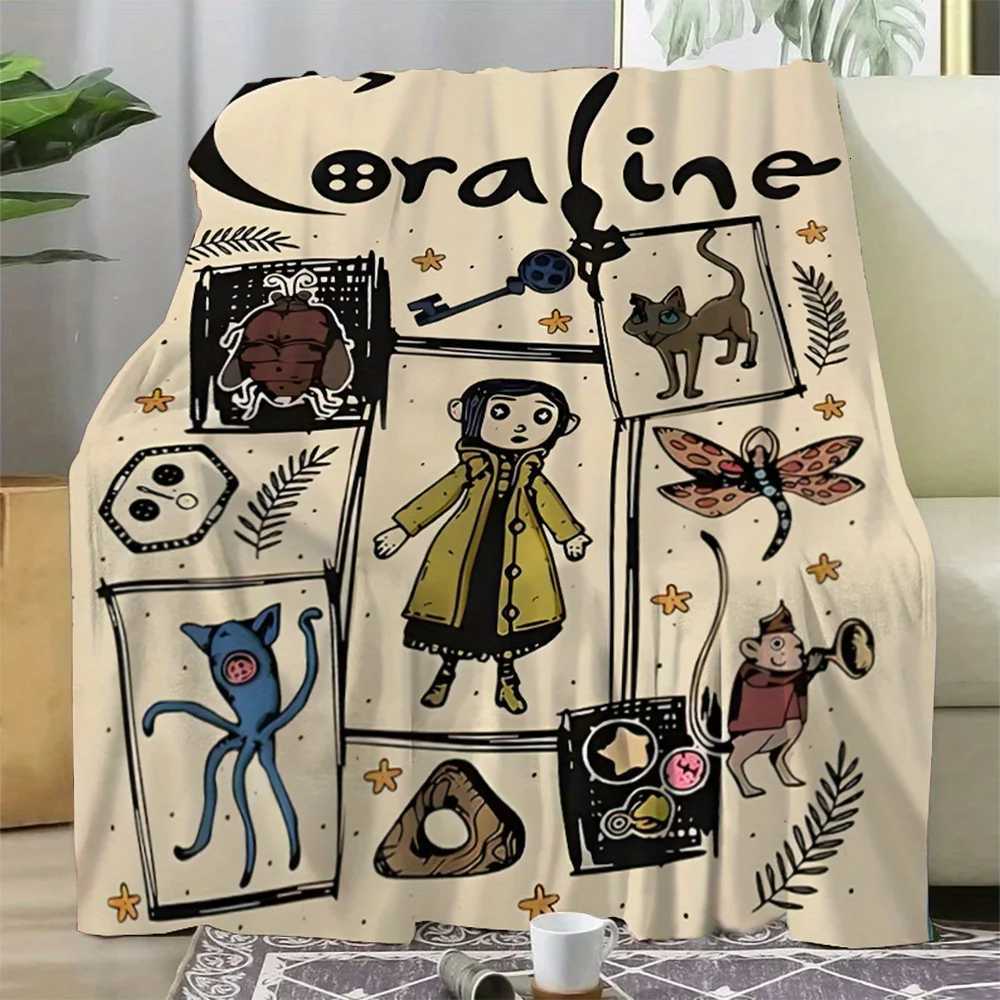 Coraline Style Flannel Throw Blanket - Digital Printed Cartoon Animal Collage Polyester Knit Four Seasons Comfort Plush BlanketW251129