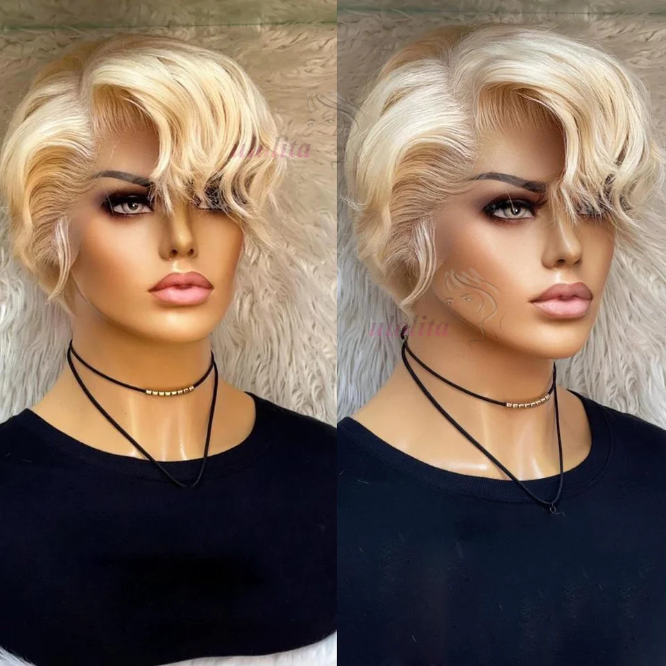 Pixie Cut Wig Brazilian 613 blonde Straight Side Part Wig 13x4 Short Bob HD Transparent Lace Front Human Hair Wig For Women 251129
