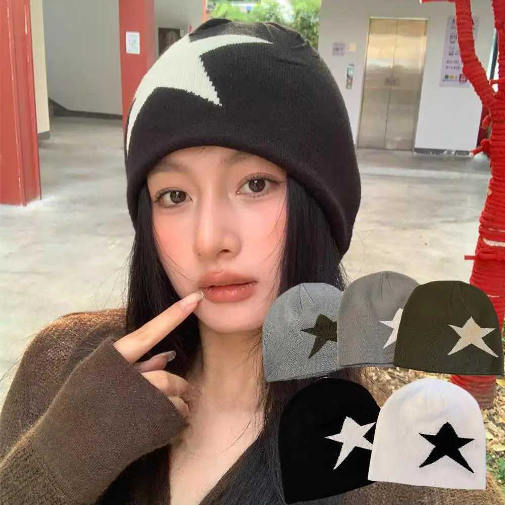 Jacquard Knitted Beanie Hat Turtleneck Cable Knit Cap Star Pattern Pullover Cold Hat Outdoor Ear Protector Soft Windproof CapXJ251129