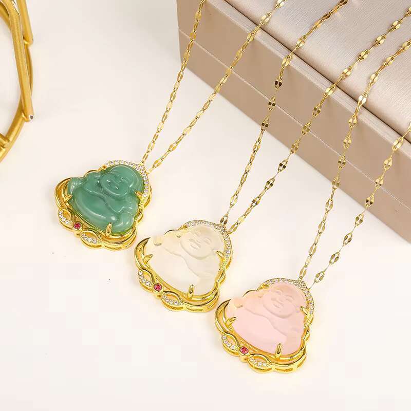 High Quality Fashion Jewelry with Stainless Steel Chain Maitreya Buddha Jade Healing Pendant Necklace for Women
