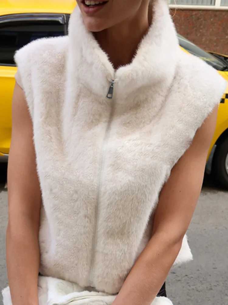 Fashion Stand Collar Faux Fur Waistcoat for Women Elegant Solid Zipper Female Sleeveless Coat 2025 New Lady Outwear Vest StreetT251129