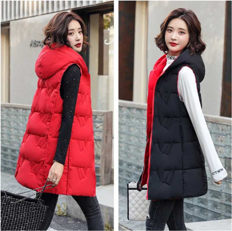 Double Side Vest Korean Slim Hooded Down Cotton Vest Women Waistcoat Sleeveless Jacket 2025 Autumn Winter Jacket Female CoatT251129