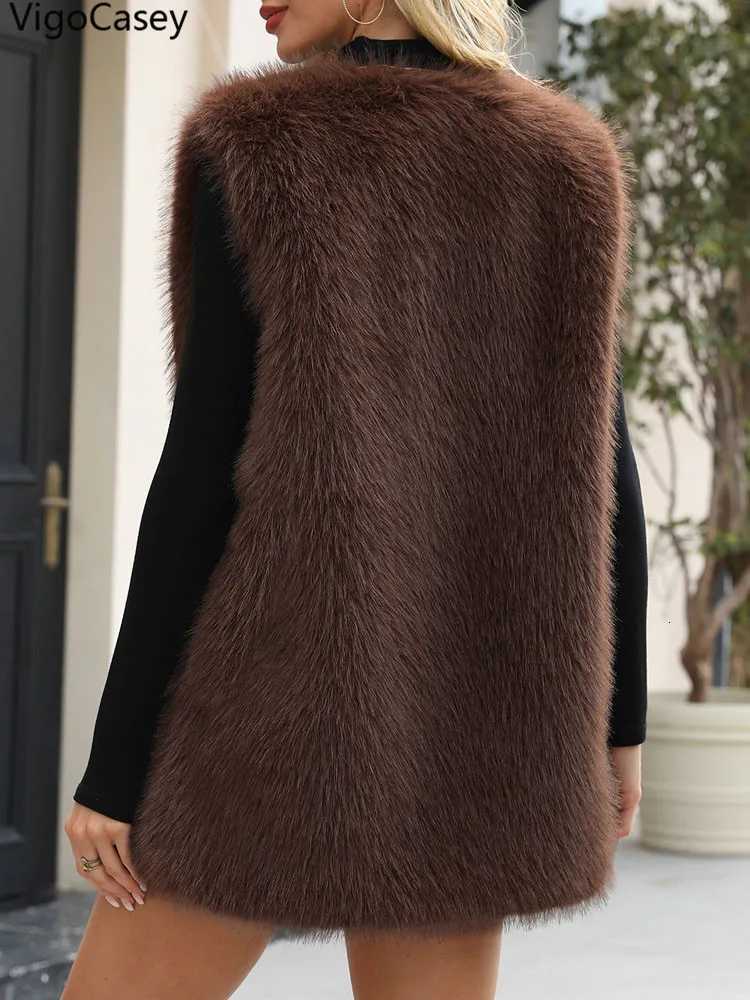 VigoCasey 2025 Autumn Winter Casual Thick Faux Fur Vest Coat Woman Sleeveless Plush Warm Waistcoat Lady Brown Fluffy Vest JacketT251129