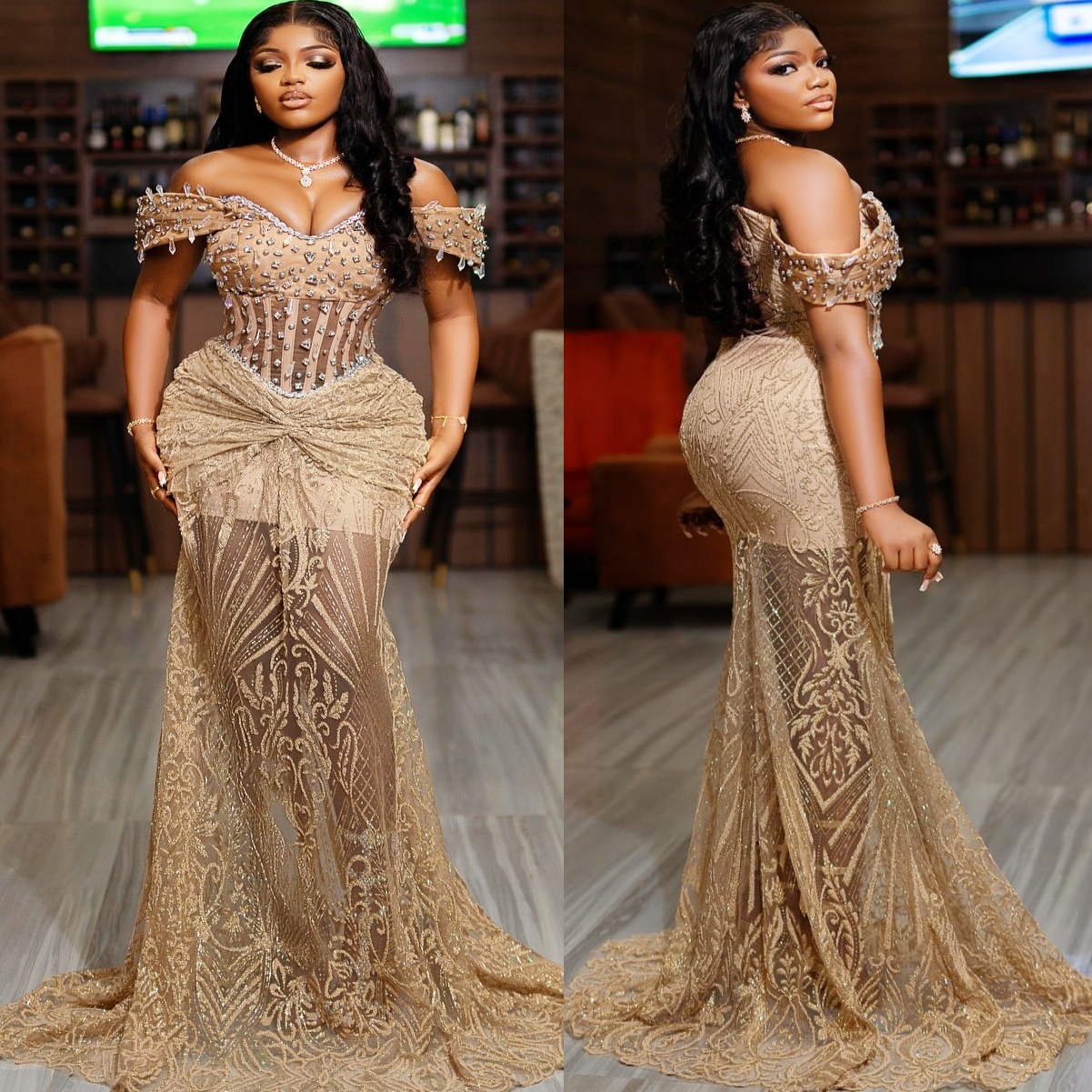 Gold Mermaid Plus Size Prom Dresses 2025 Lace Rhinestones Beaded Sparkly Evening Formal Party Second Birthday Engagement Gowns Dress For Special Occas