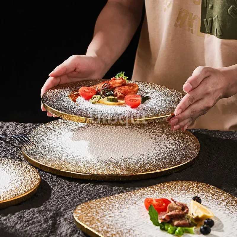 Luxury Golden Frosted Western-style Square Round Ceramic Flat steak Plate Kitchen Supplies Table Main Course Decorative Plate Cake Tray Y251129