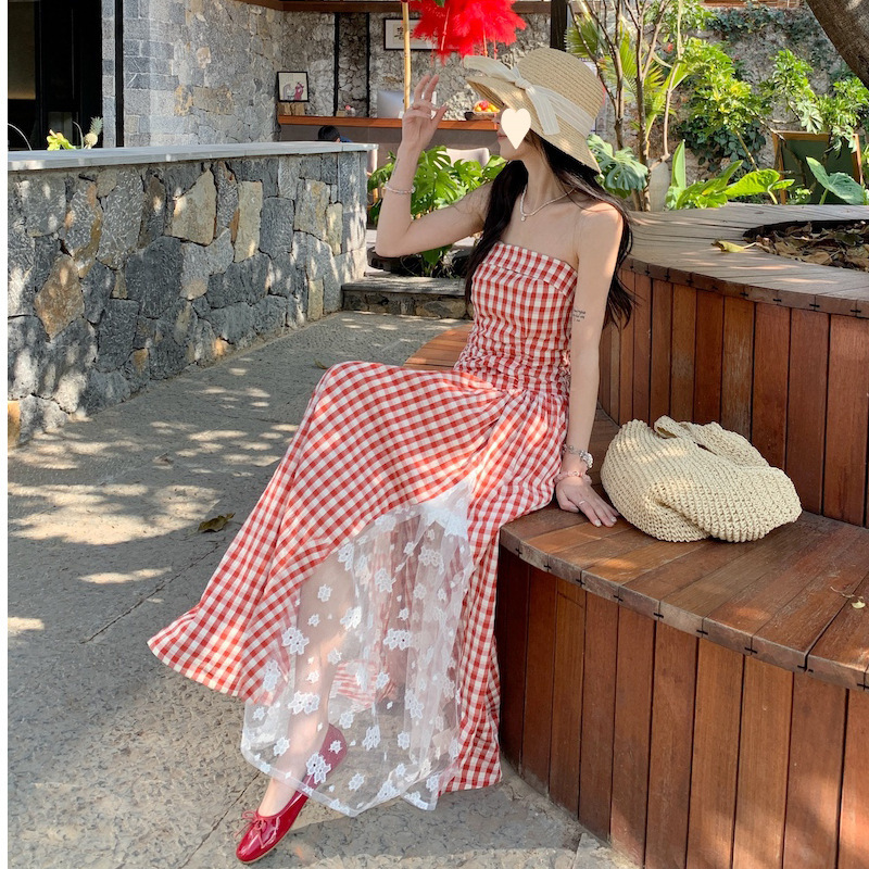 D721French holiday plaid lace stitching heavy tube top dress summer temperament waist slimming high-end feeling