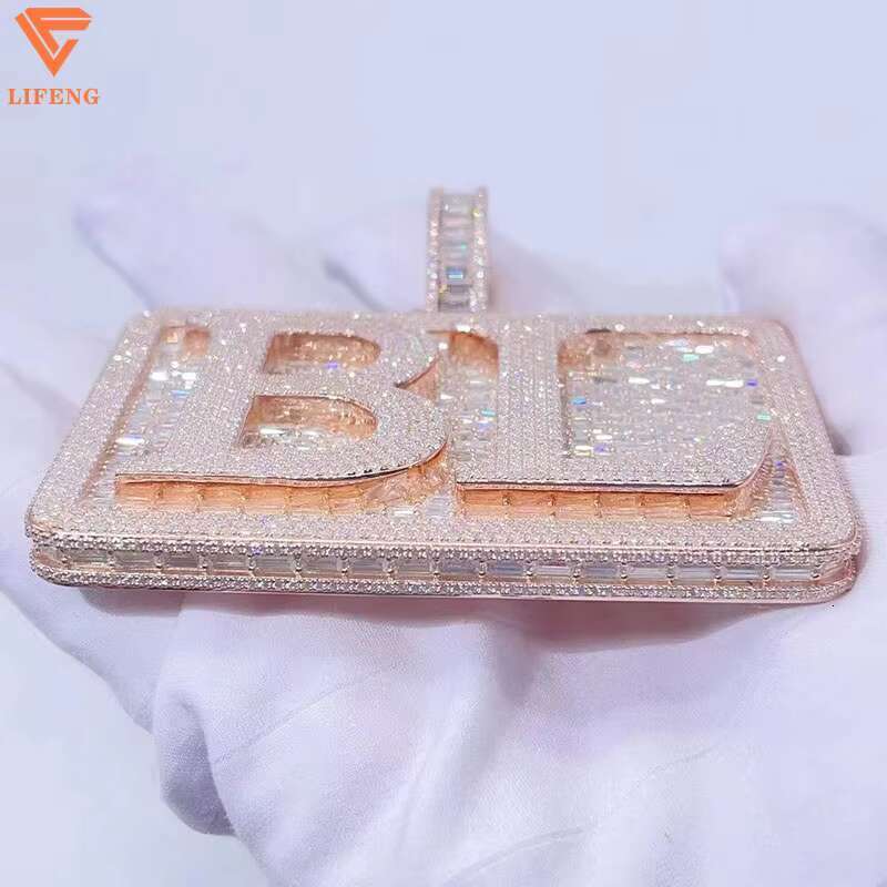 Custom Sterling Sier Chain Hip Hop Initial Letter Rose Gold Pendant Charms Baguette Cut Iced Out VVS Moissanite Jewelry