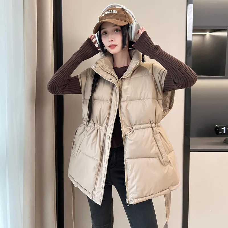 Chic Autumn Winter Thiened Cotton Puffer Vest Womens Faion Stand Collar Single Button Vest Waist Cinched Outerwear JacketT251129
