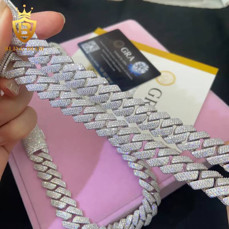 In Stock HipHop Style S925 Moissanite 15mm Cuban Chain Pass Diamond Tester Iced Out Moissanite Necklace Chain Silver with GRA