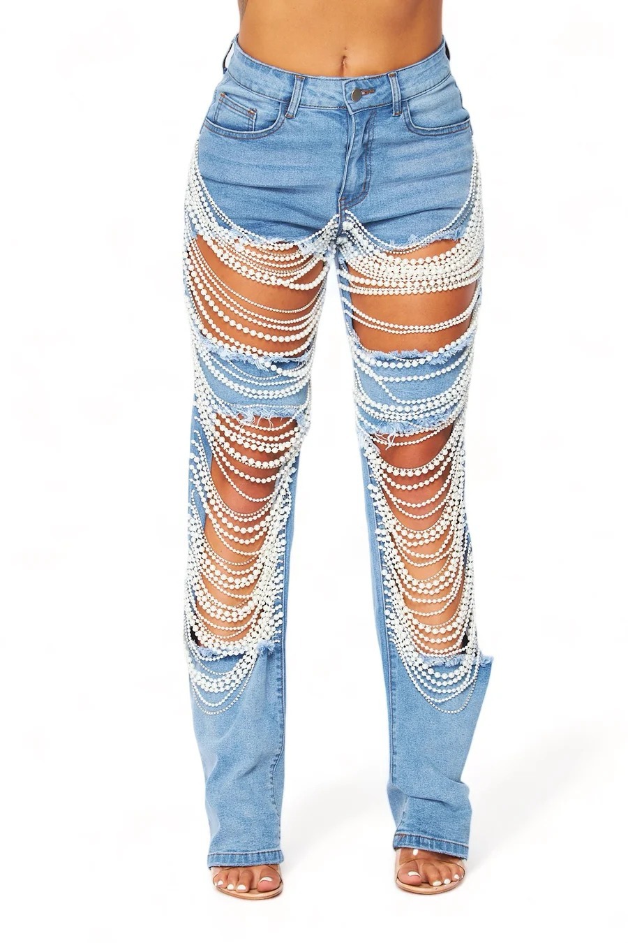CNLONGBIDA Women's Jeans Big Hole Jeans Women's Chain Bead Chain Hanging Accessories Straight Leg Pants
