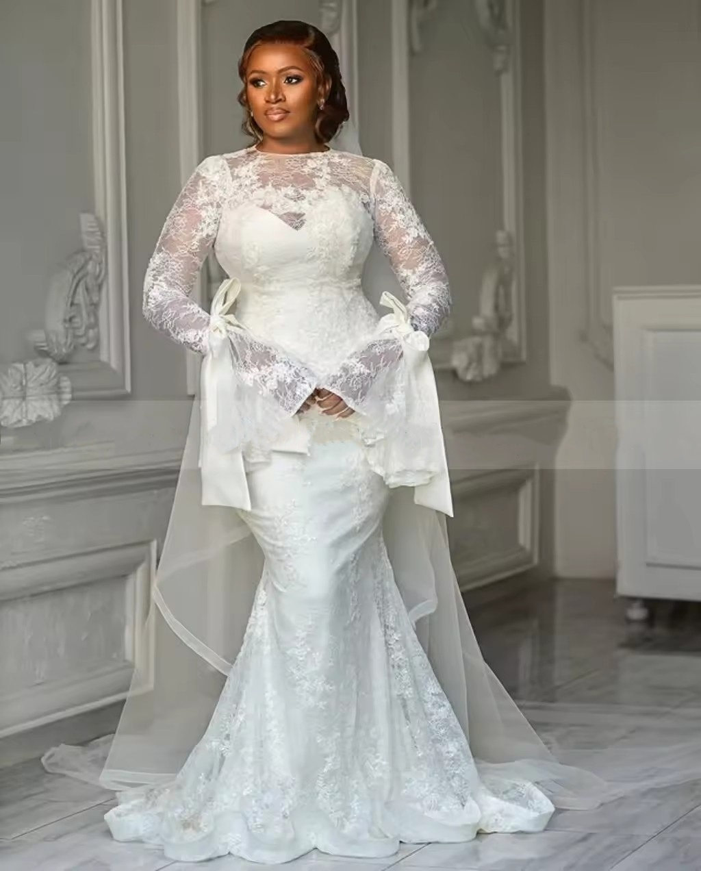 Vintage Long Sleeves Mermaid Wedding Dresses Jewel Neck Lace Applique Bridal Gowns Sweep Train Robe de Mariee Vestidos De Novia Customized