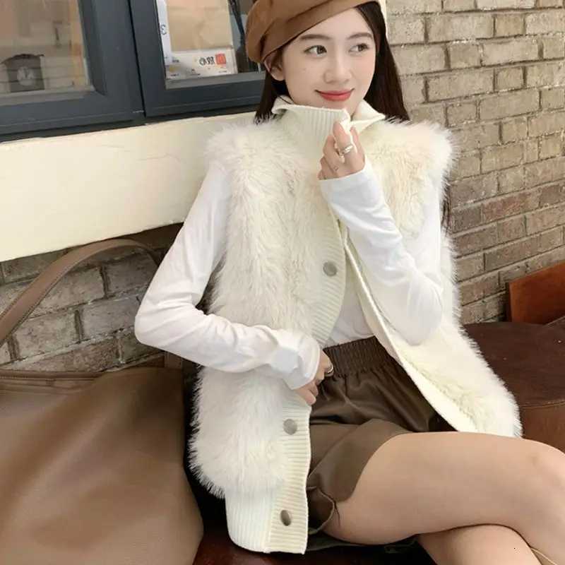 Stand Up Collar Knitted Patchwork Vest Womens Vest Korean Version Loose Plush VestT251129