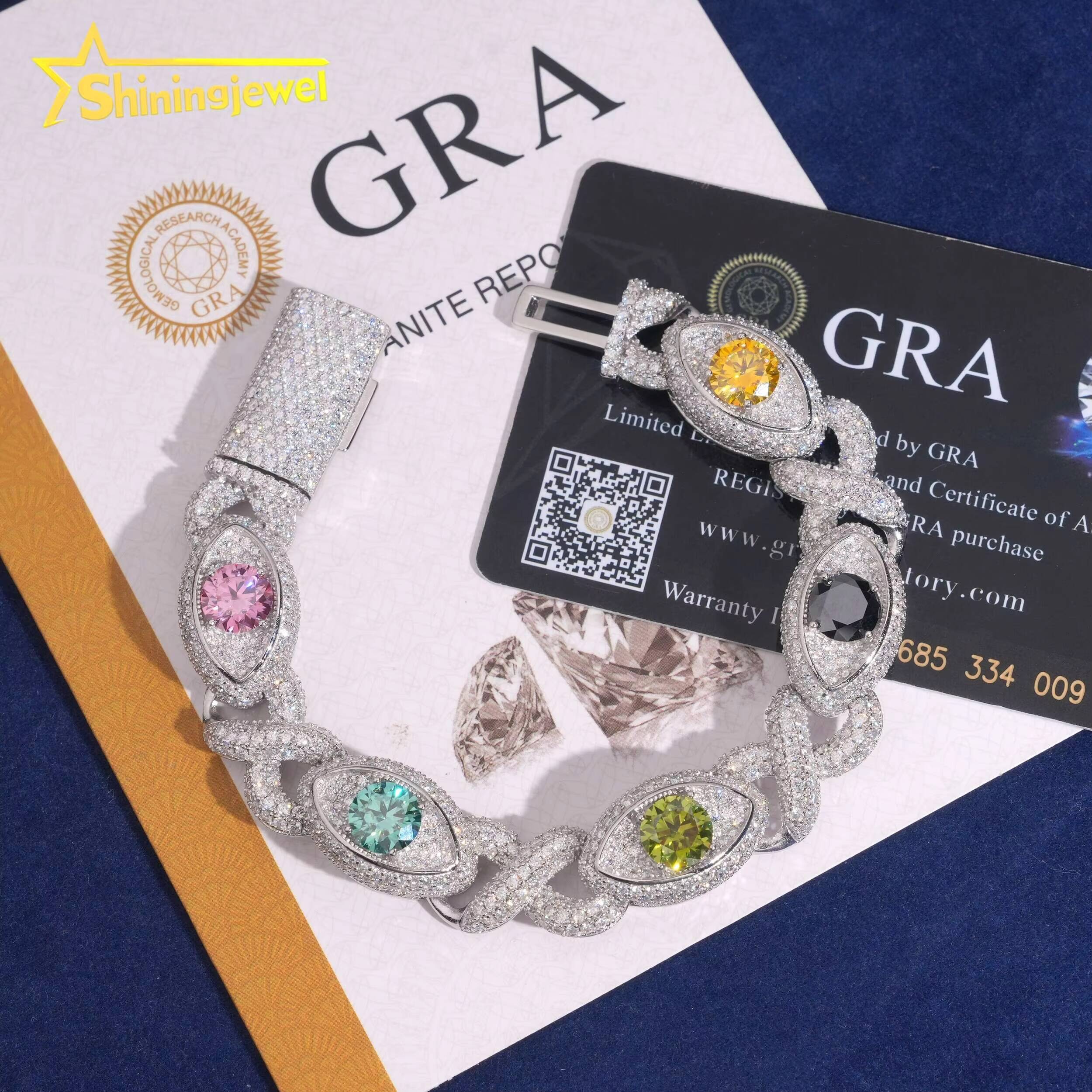 13mm Color Eye Cuban Bracelet 925 Silver Hot Sale Moissanite Diamond Miami Bracelet Hip Hop Jewelry Pass Diamond Tester