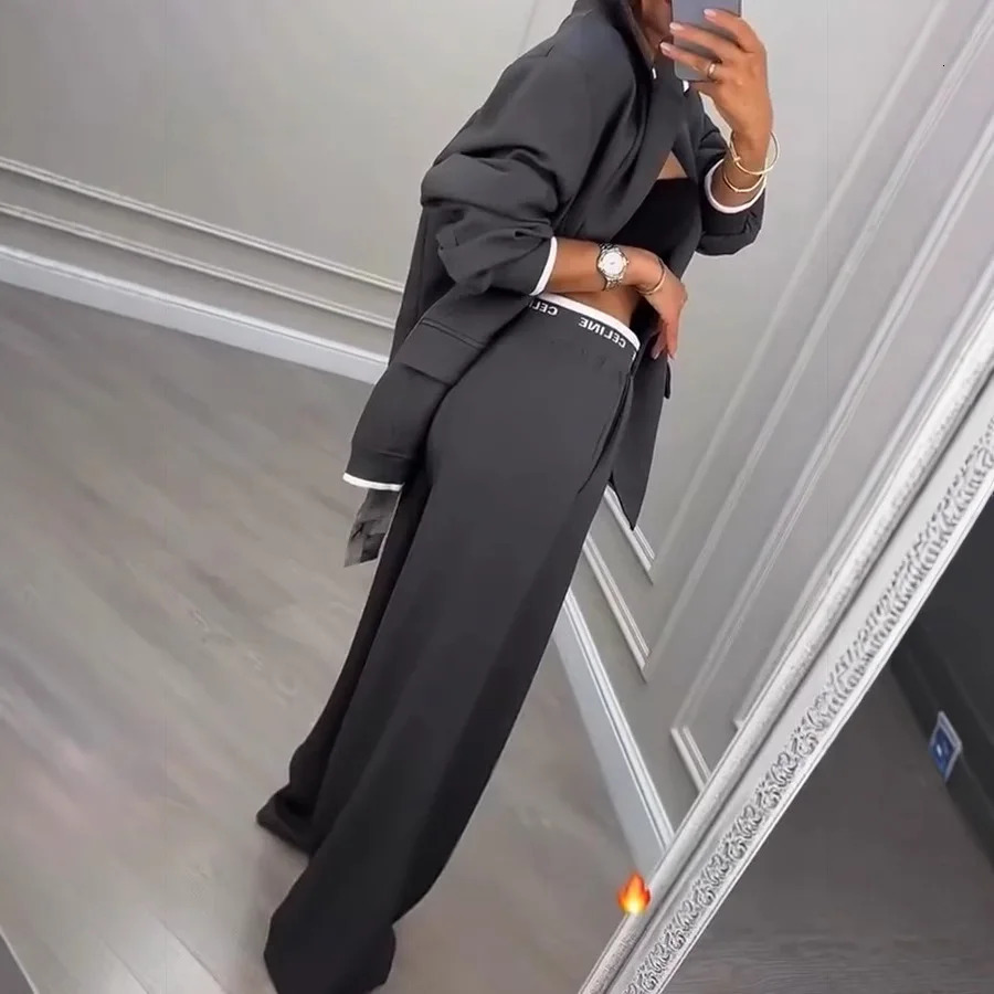 Womens Fall Spring 2 Piece Blazer Outfits Office Lady Business Professional Casual Oversize Jacket Wide Leg Work Pants Suit Set 251128