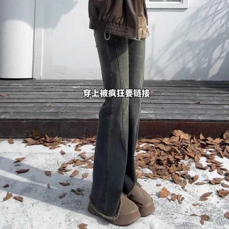 Cement Gray Frayed Hem Flared Micro Flare Jeans for 25 Plus Size High Waist Slimming Hip Covering Elastic Pants in Autumn Winter M260310