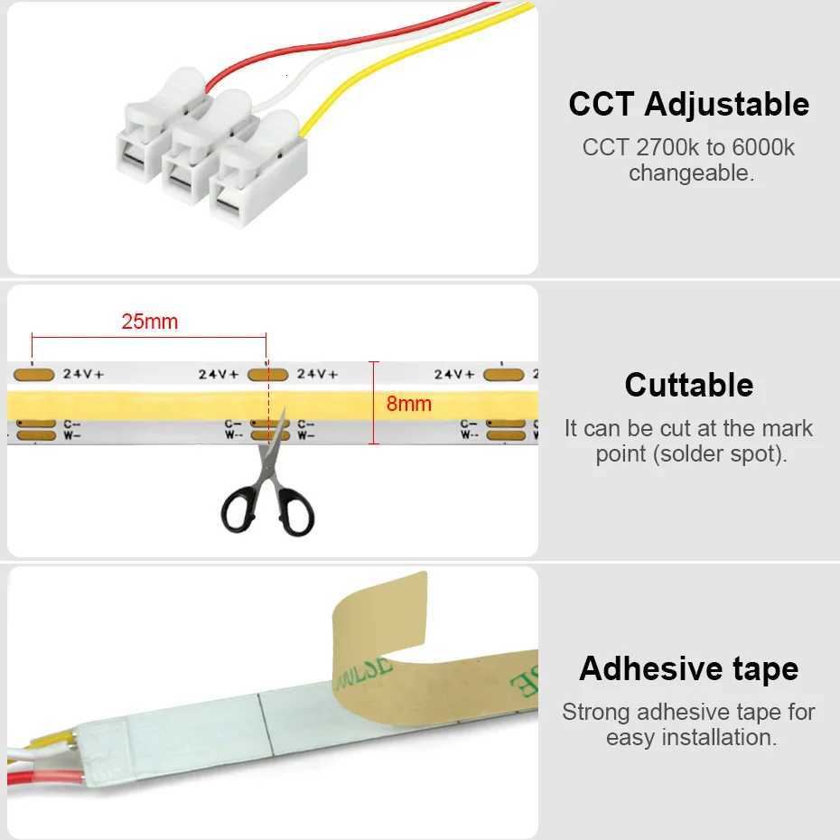 DC24V CCT COB LED Strip Light 560LEDs/m High Density Flexible Tape 2700K-6000K Tunable Dimmable RA90 for Room Decor 1M-10M M251129
