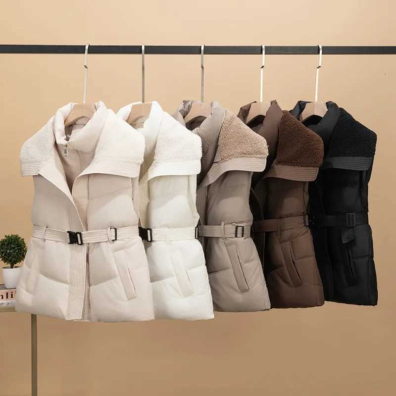 Fashion Stand Up Collar Zipper Waistcoat Warm Sleeveless Quilted Coats Autumn Winter Belt Slim Cotton Jacket Vest for WomenT251129