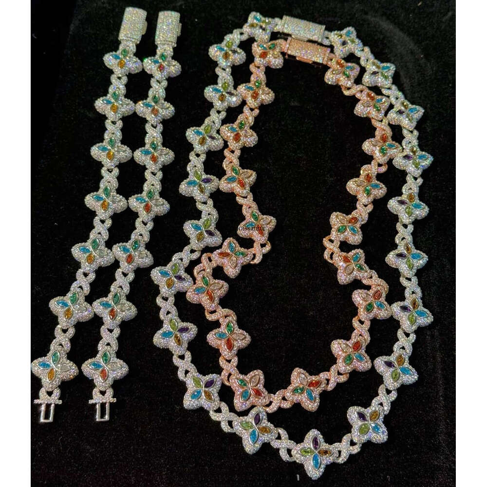 VVS Moissanite Yu Ying Custom Marquise Cut Fancy Color Silicon Stone Real Gold Plated S925 Silver Cuban Chain Necklace Hip Hop Jewelry